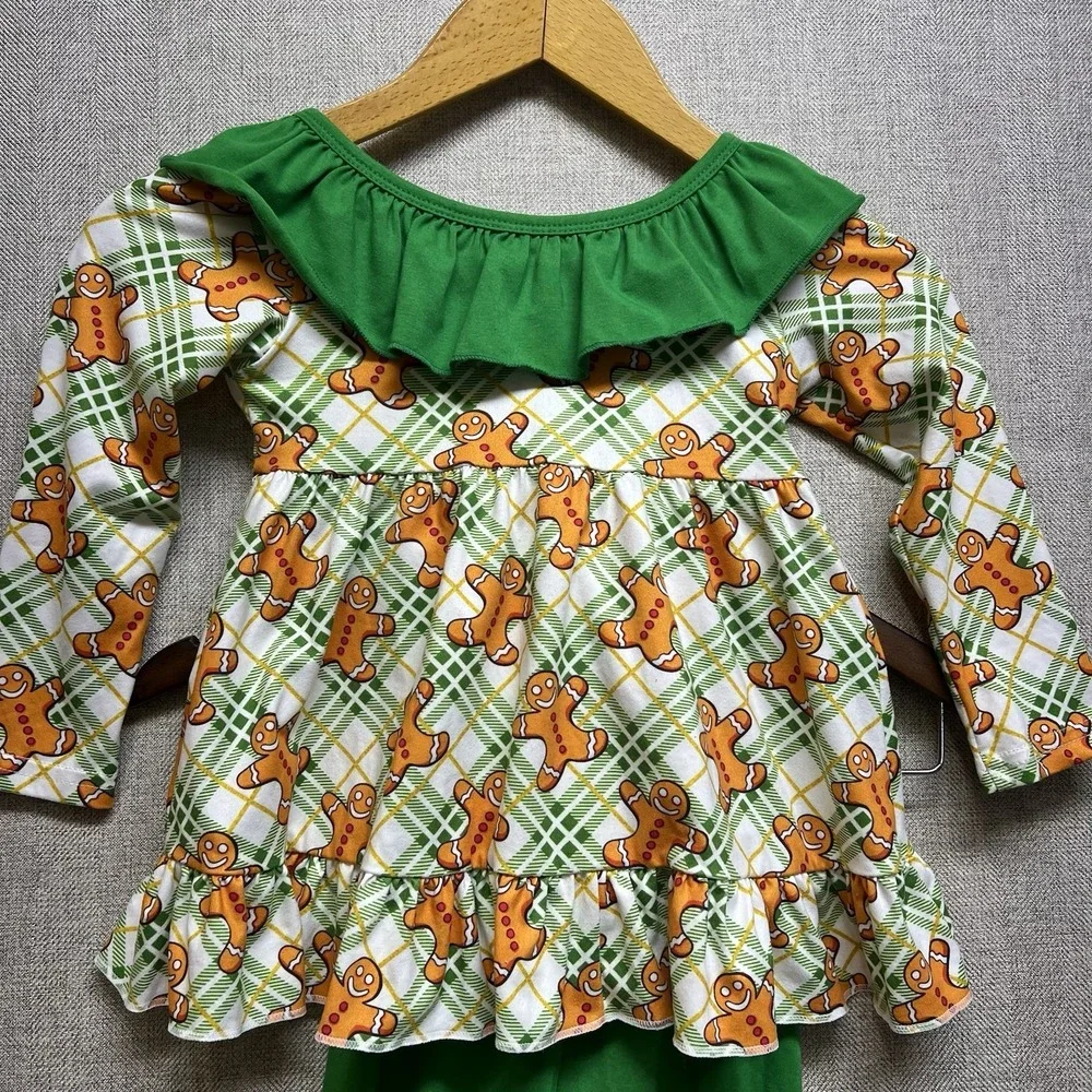 Little Girl's‎ Gingerbread Man Green Bow Tunic Ruffled Legging Set 2T